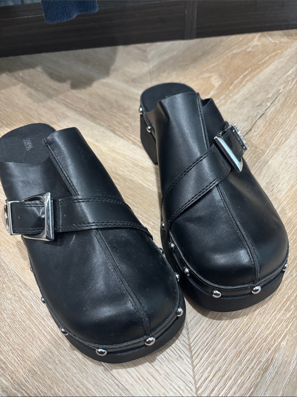 Zara Black Studded Leather Clog Mules with Buckle Detail